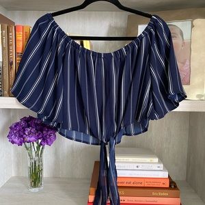 Tie front off the shoulder striped crop top